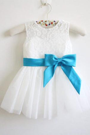 Light Ivory Blue Ribbon Lace Tulle Flower Girl Dress With Blue Sash/Bows DM209
