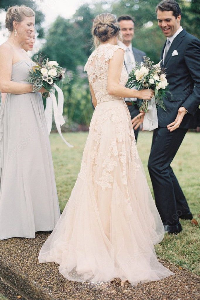 Pearl Pink A Line V-neck Sleeveless Floor-Length Tulle Wedding Dress With Lace Appliques DM379