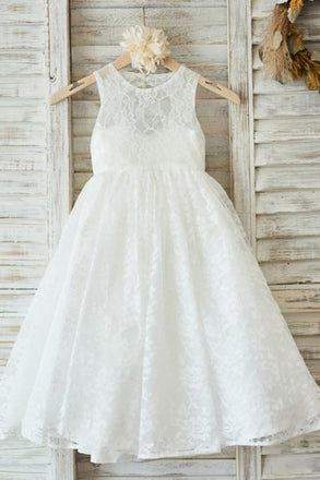 A-Line Jewel Open Back White Lace Flower Girl Dress DMP28