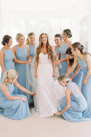 A-Line Round Neck Floor-Length Sky Blue Chiffon Bridesmaid Dress DMR90
