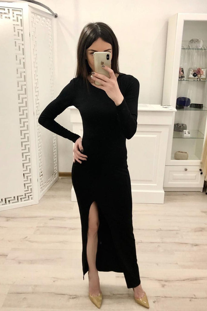 Sheath Long Sleeves Split Black Sexy Prom Dresses, Formal Evening Dresses DMI80