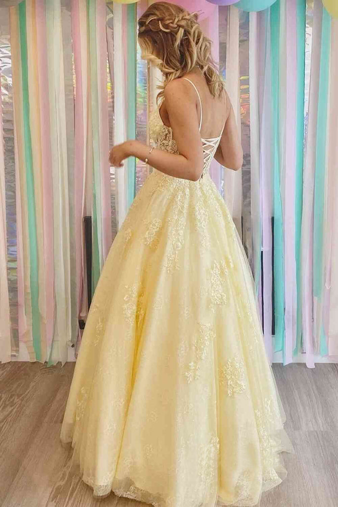 Yellow Lace Appliques A Line Tulle Prom Dresses Spaghetti Strap Formal Gown DM1971