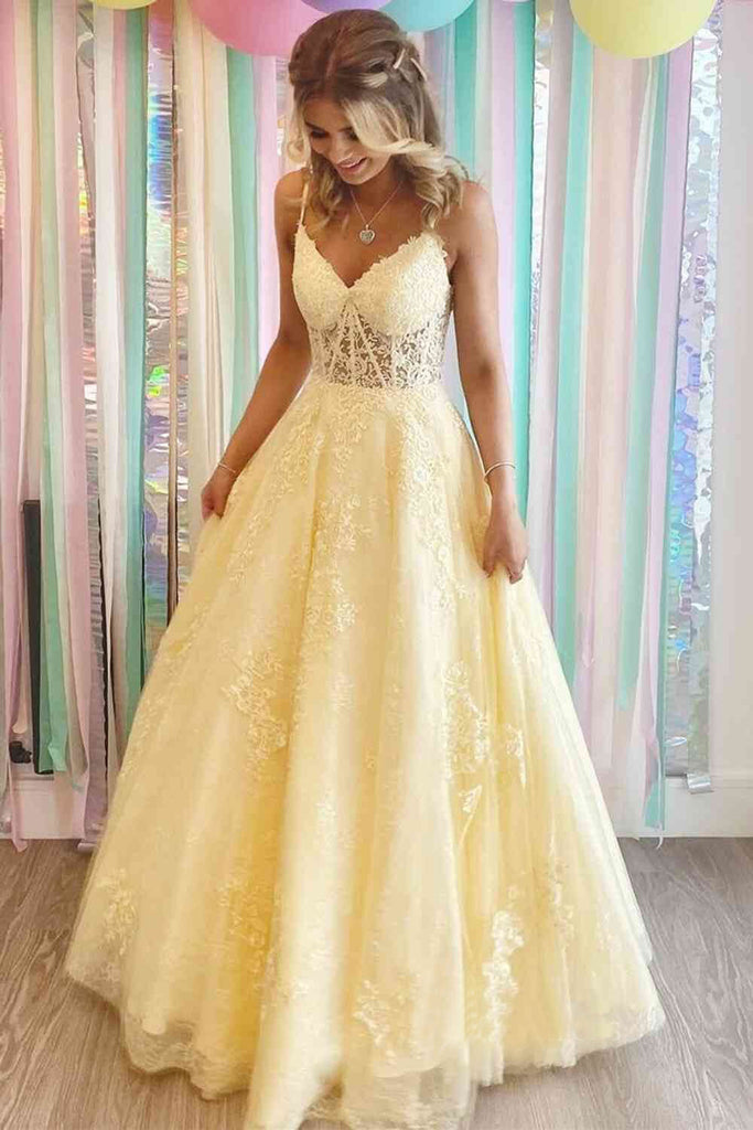 Yellow Lace Appliques A Line Tulle Prom Dresses Spaghetti Strap Formal Gown DM1971