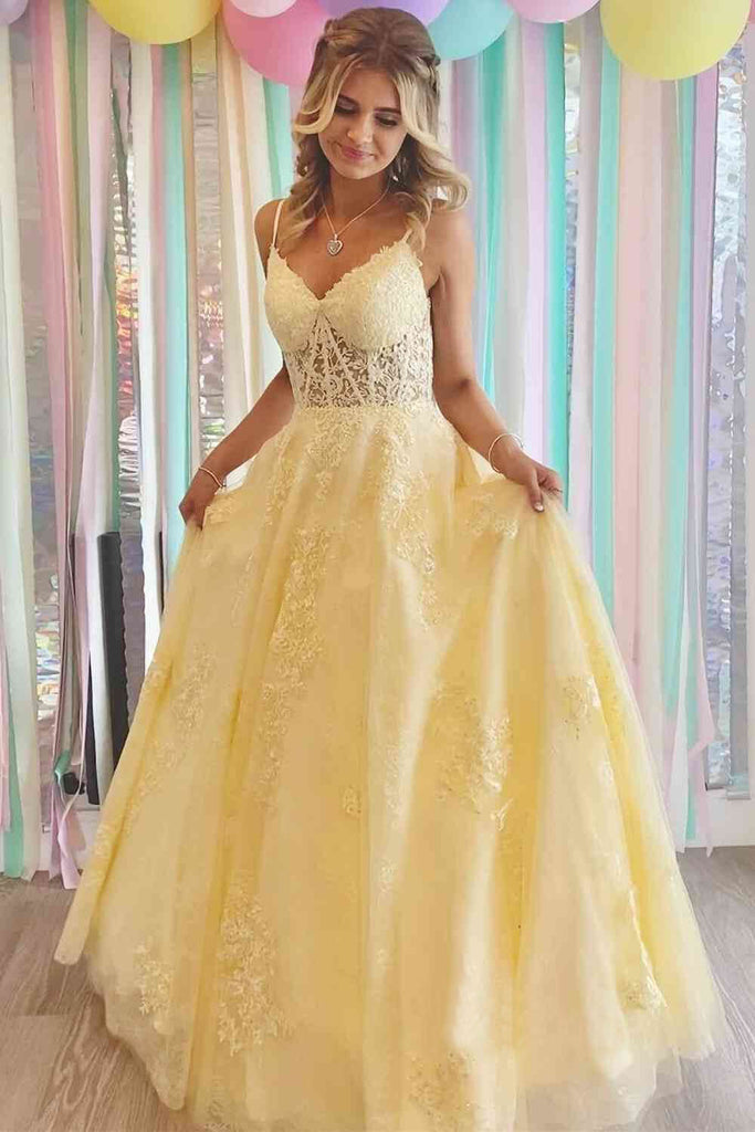 Yellow Lace Appliques A Line Tulle Prom Dresses Spaghetti Strap Formal Gown DM1971