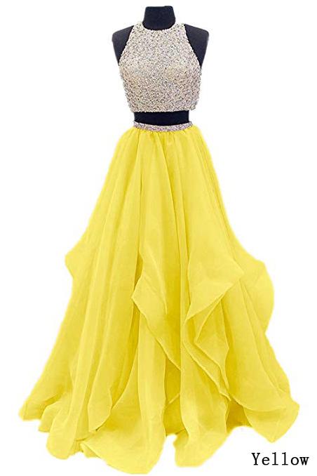 Two Piece Floor Length Burgundy Prom Dress Beaded Open Back Evening Gown DM603