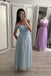 A Line Tulle Off the Shoulder Light Blue Cheap Prom Dresses DMI79