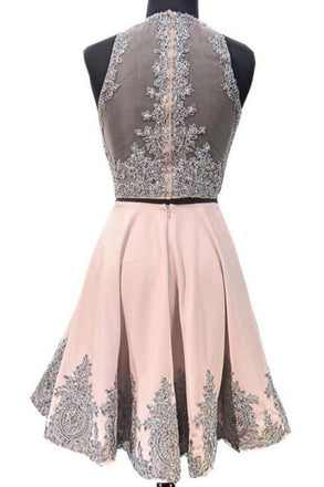 Two Pieces A-line Illusion Mini Lace Appliqued Beaded Short Homecoming Dresses DMA71