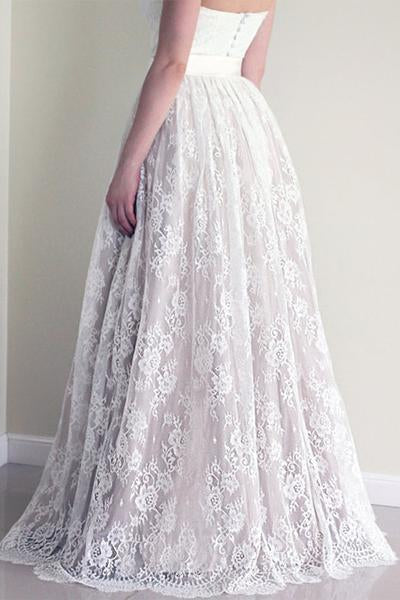 Sweetheart Sleeveless Long White Lace A Line Wedding Dress with Belt DM528