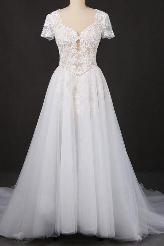Off White A Line Short Sleeves Lace Appliques Wedding Dress, Bridal Gown DMQ32