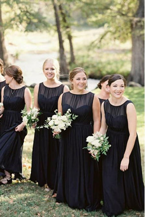 A-Line Round Neck Floor-Length Navy Blue Chiffon Bridesmaid Dress DMR93
