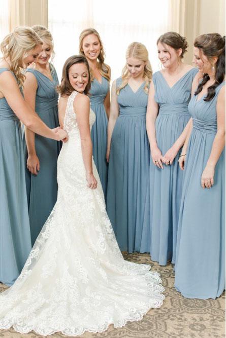 A-Line V-Neck Floor-Length Dusty Blue Chiffon Simple Bridesmaid Dress with Ruched DMS40