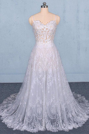 A Line Spaghetti Straps Long Elegant Wedding Dresses With Lace DMQ11