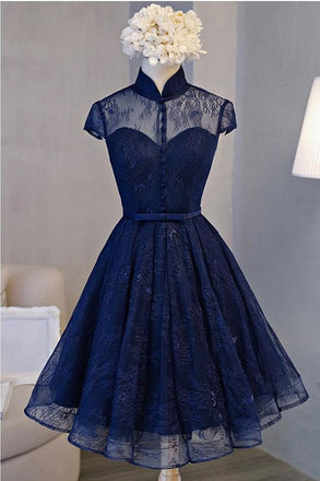 Vintage Homecoming Dresses,Lace Homecoming Dresses,Navy Blue Homecoming Dress,Short Prom Dress,Short Sleeve Homecoming Dresses,Homecoming Dress For Teens