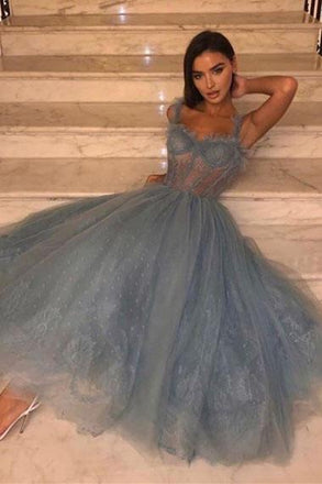 A Line Spaghetti Straps Tea Length Dusty Blue Tulle Prom Dress DMS69