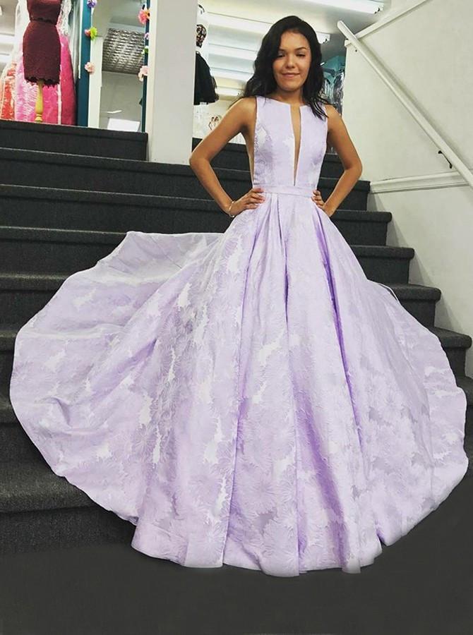 A-Line Floor-Length Lilac Printed Prom Dress, Simple Long Evening Dresses DMJ12