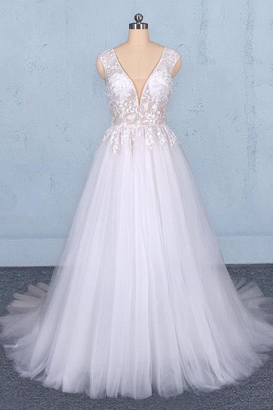 Stunning A Line V Neck Tulle Lace Appliques Wedding Dresses, Bridal Dress DMQ12