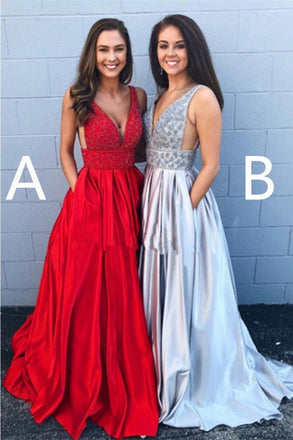 Cheap A-line Deep V Neck Beading Backless Long Prom Dress With Pockets DMG42
