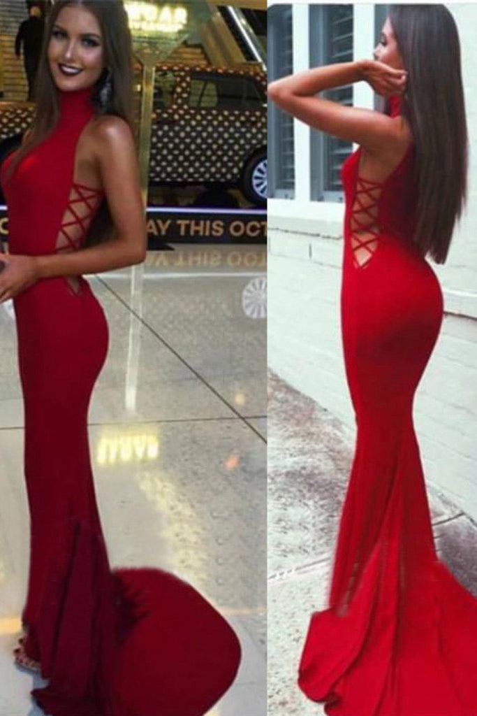 High Neck Red Mermaid Prom Dress,Long Sexy Evening Party Gown DM628