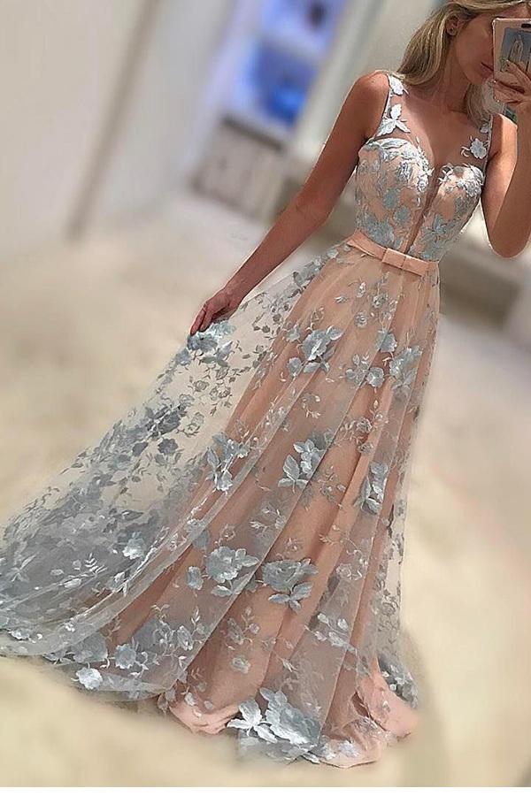 Charming Prom Dresses,Lace Prom Dresses,Long Prom Dresses,A Line Prom Dresses,Flower Prom Dress,Formal Evening Gown,Prom Dresses Stunning