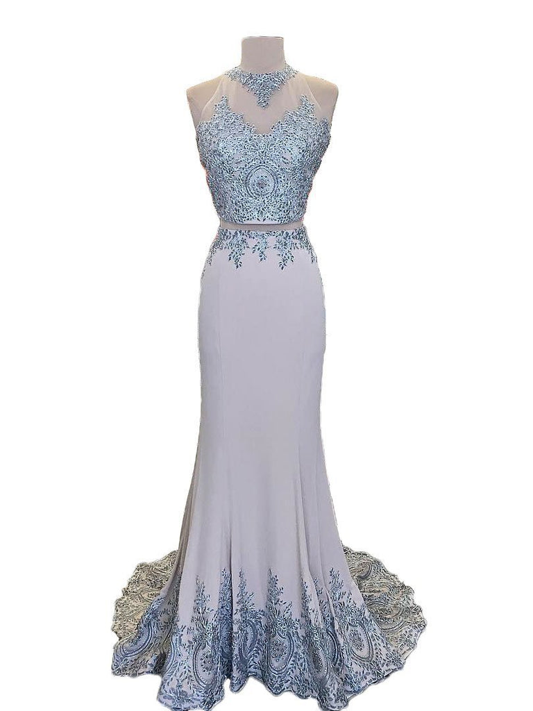 Lace Appliqued 2 Pieces Mermaid Sweep Train Prom Dresses,Senior Prom stunning Dress DM178