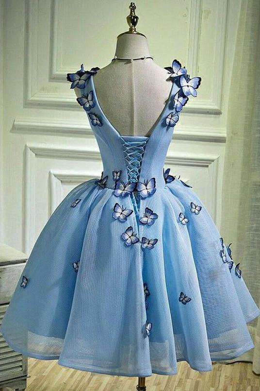 Sky Blue Butterfly Applique A Line V Neck Short Homecoming Dress DMB67