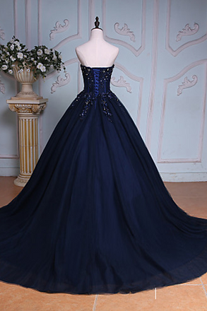 Navy Blue Ball Gown Court Train Sweetheart Strapless Appliques Prom Dress DM625