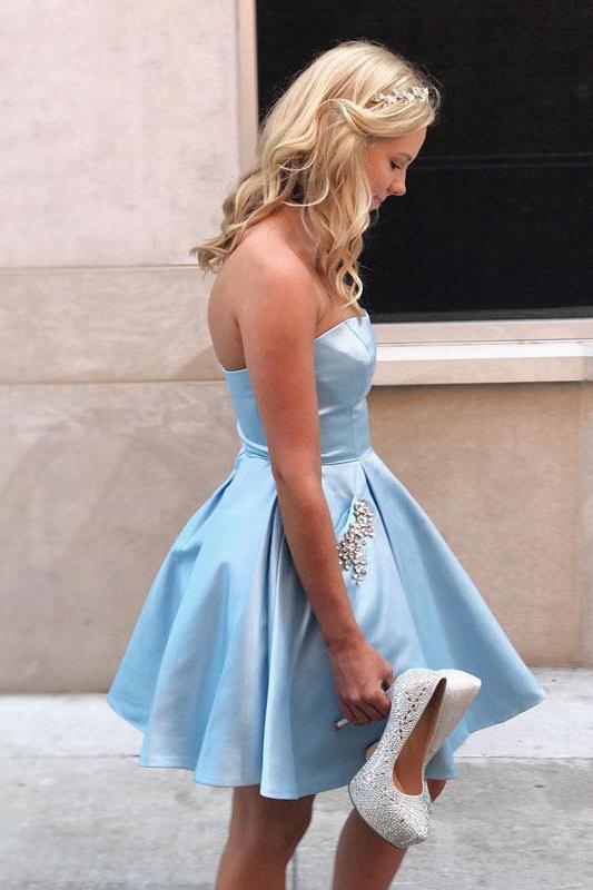 A-line Satin Beaded Strapless Short Cheap Homecoming Dresses DMB63