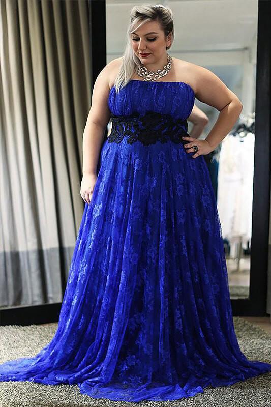 Royal Blue Lace Strapless A Line Long Plus Size Prom Dress Demodresses Royal Blue Lace Strapless A Line Long Plus Size Prom Dress Demodresses