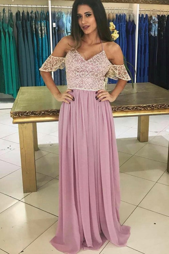 Cold Shoulder A-Line Spaghetti Straps Pink Long Chiffon Prom Dress with Lace DMF97