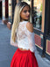 Two Piece Long Sleeves Cold Shoulder Red Long Prom Dress with White Lace Pockets DMI73