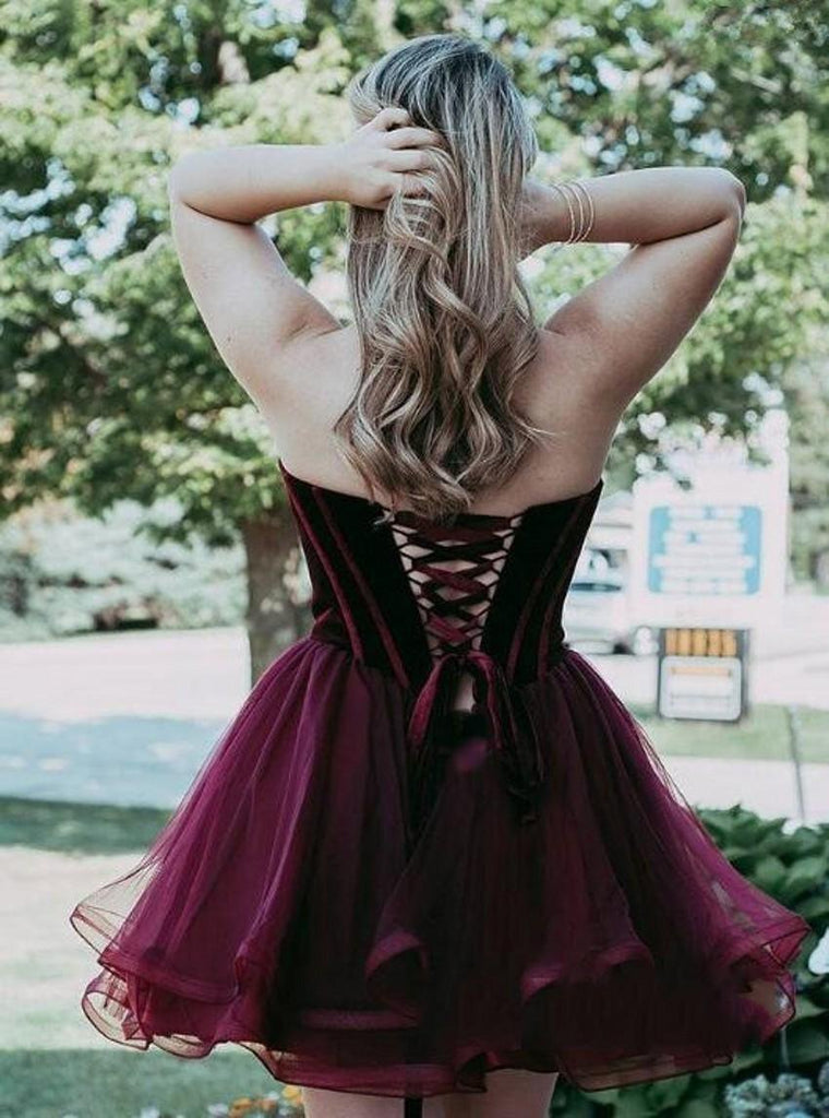 Burgundy Short Tulle Sweetheart A Line Mini Cocktail Party Dress,Cheap Homecoming Dresses DMC16