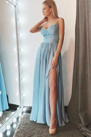 Simple A-Line Spaghetti Straps Blue Chiffon Long Prom Dress with Slit DMB26