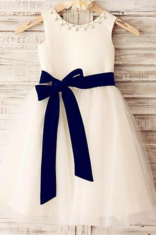 Ivory A-line Scoop Sleeveless Bowknot Tea-Length Tulle Flower Girl Dresses With Belt DM713