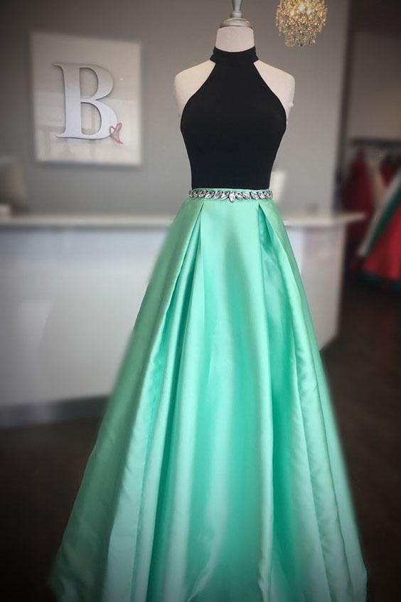 High Neck Two Piece Black And Mint Green Beads Long Prom Dress DMF31