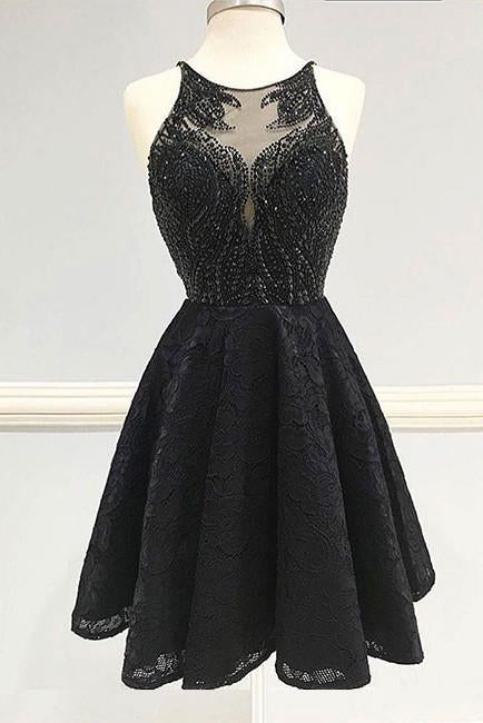 Fashion Homecoming Dresses,Black Homecoming Dress,Lace Homecoming Dress,Beaded Partry Dress,Round Neck Homecoming Dress,Black Prom Dress,Lace Prom Dresses