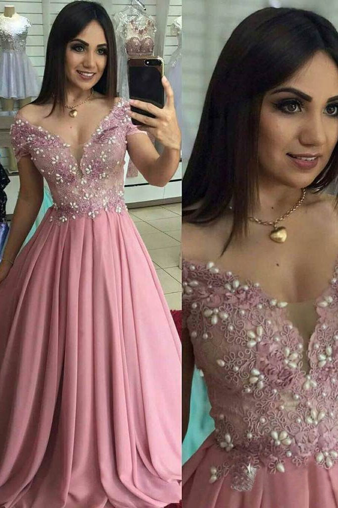 Off the Shoulder Dusty Rose Long Prom Dresses Pearl Lace Formal Dress DMO98