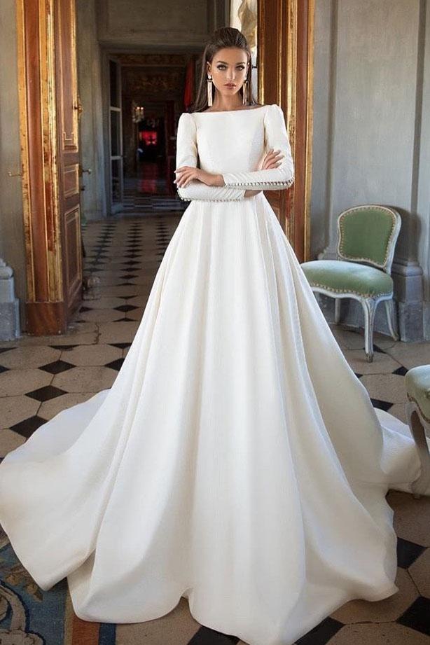 Simple Ivory Long Sleeves Satin A Line Wedding Dresses DMG43