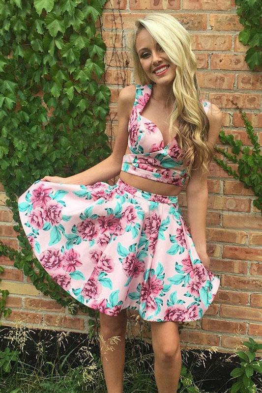 Two Piece Straps Floral Printed Cute Homecoming Dress DMM21