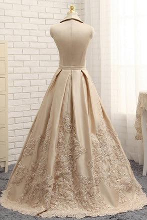A-line V-neck Cap Sleeves Satin Appliques Lace Prom Gown Long Formal Evening Dresses DM643