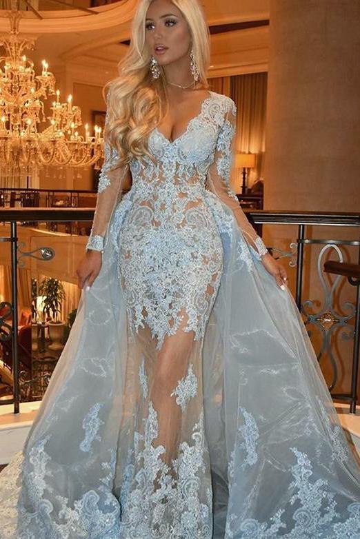 Detachable V-Neck Long Sleeve Prom Dress with Lace Appliques Light Blue Evening Gown OKH28 Demodresses Detachable V-Neck Long Sleeve Prom Dress with Lace Appliques Light Blue Evening Gown OKH28 Demodresses