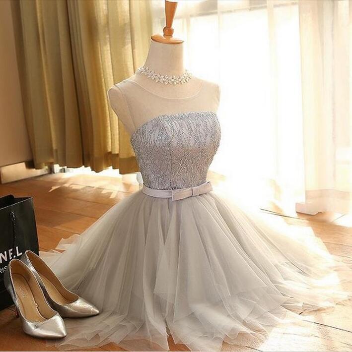 Cute A-line Scoop Gray Tulle Sleeveless Short Homecoming Dresses,Sweet 16 Dresses DM316