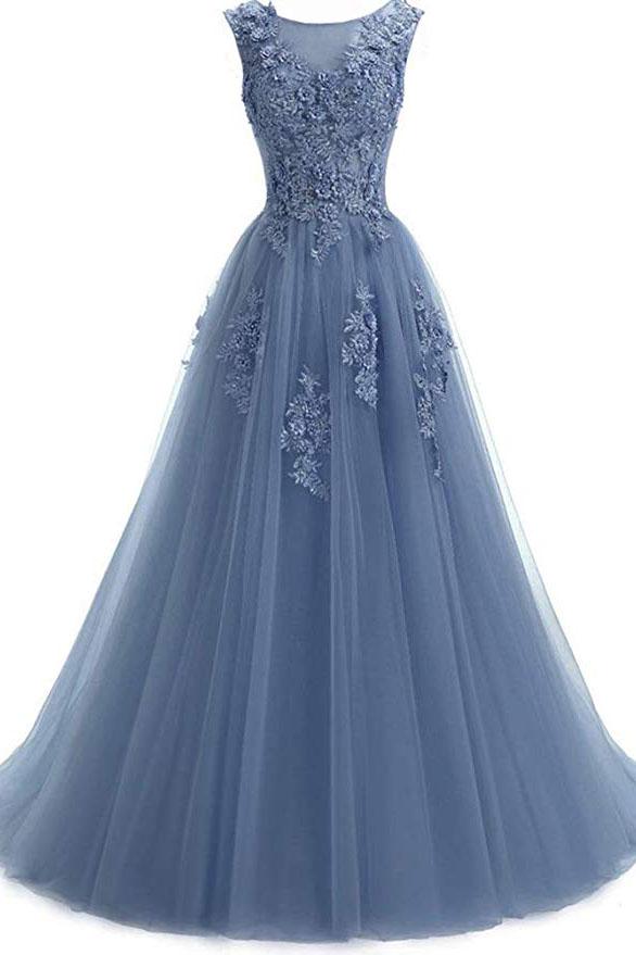 A Line Round Neck Lace Appliques Floor Length Prom Dresses DMR11