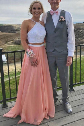 Two Pieces A Line Long Chiffon Prom Dresses With White Lace DMB44