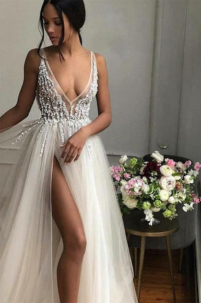 Sexy A-Line V-Neck Floor Length Ivory Prom Dress with Beading Split DMJ8