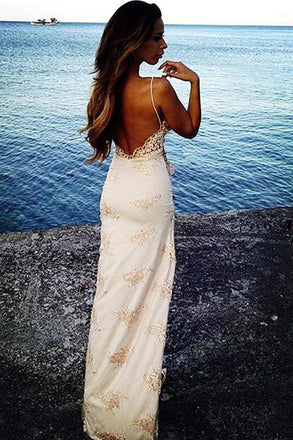Sexy Spaghetti Straps Floor Length Backless Side Slit Appliques Prom Dress DM746