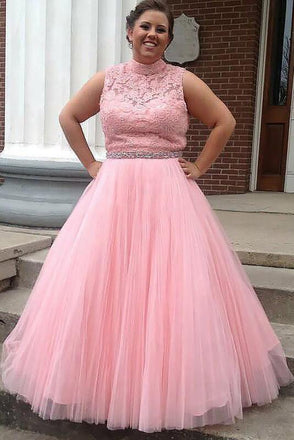Pink Tulle High Neck Long Beading Plus Size Prom Dress With Lace Top DM660