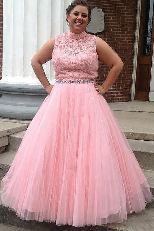 Pink Tulle High Neck Long Beading Plus Size Prom Dress With Lace Top Demodresses Pink Tulle High Neck Long Beading Plus Size Prom Dress With Lace Top Demodresses