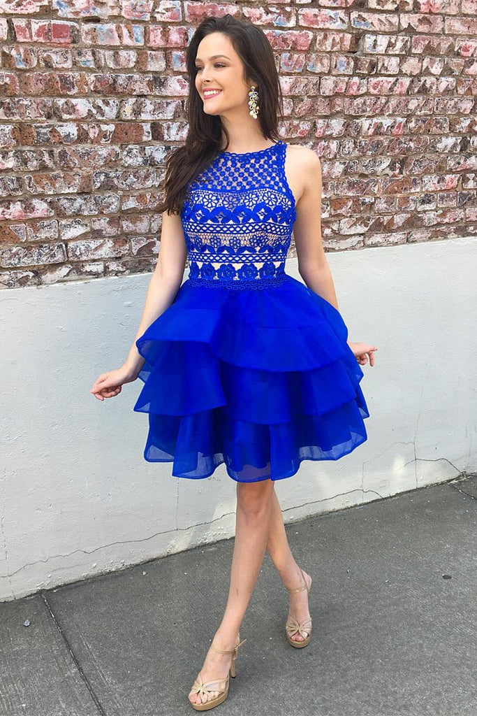 Cute A-line Lace Top Organza Skirt Royal Blue Tiered Short Homecoming Dresses DMB73