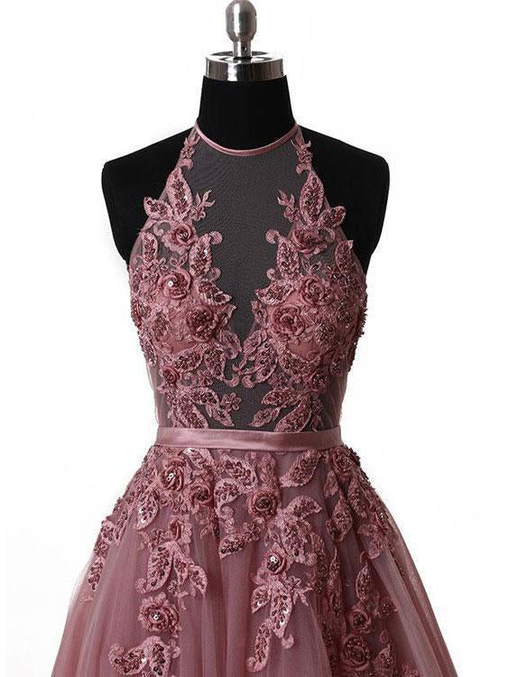 Halter Dusty Red Lace Appliques Tulle A line Long Prom Dresses DMA86