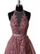 Halter Dusty Red Lace Appliques Tulle A line Long Prom Dresses DMA86